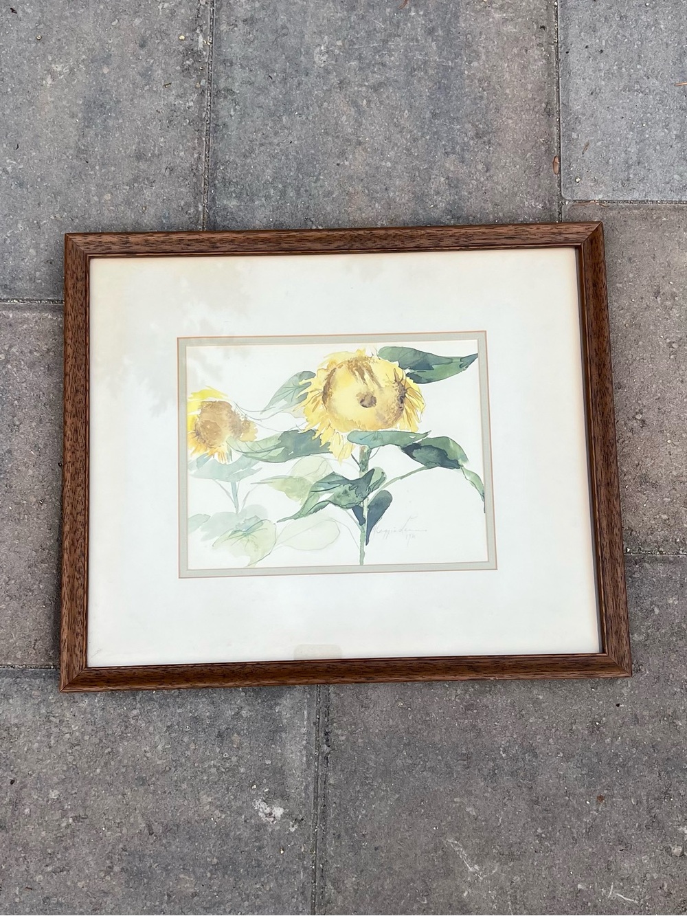 Signed Sunflower Watercolor Painting 1981 Framed Botanical Wall Art Walnut Frame